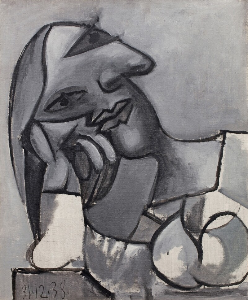 Buste de femme accoudée, gris et blanc